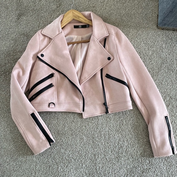 BNWOT motorcycle cropped suede pink / blue jacket sz 0 xs - Picture 1 of 5